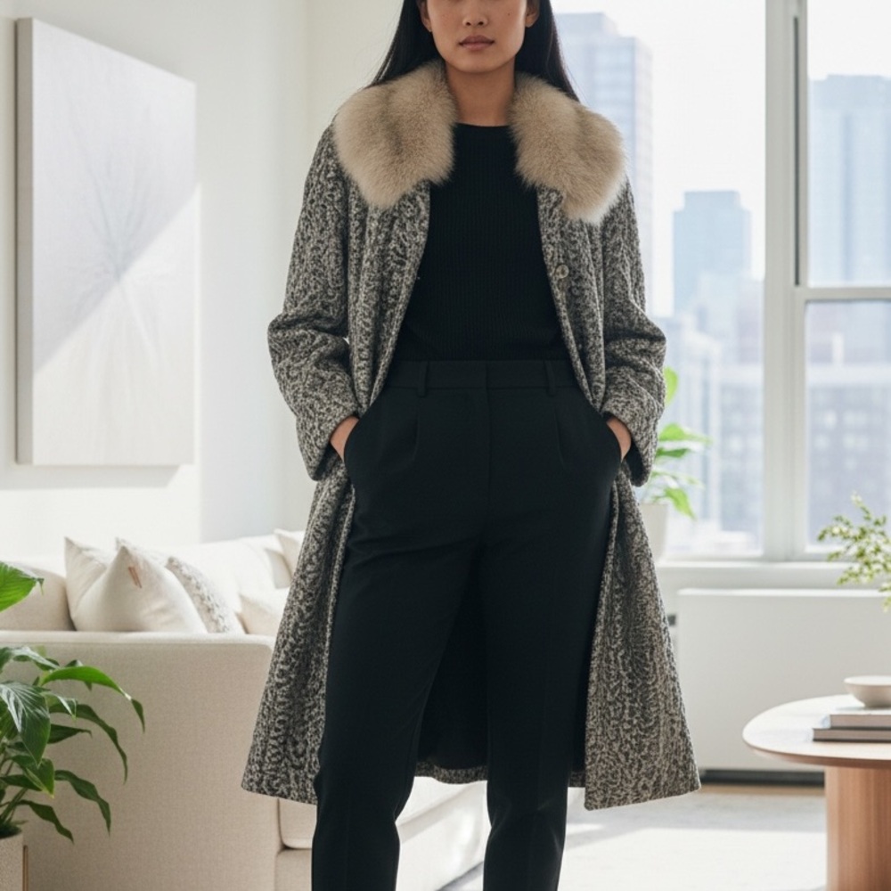 1960 BACARA STYLED BY FAIRMOOR FRANCE MONGOLIAN LAMB REAL MINK FUR COLLAR COAT - Picture 12 of 13